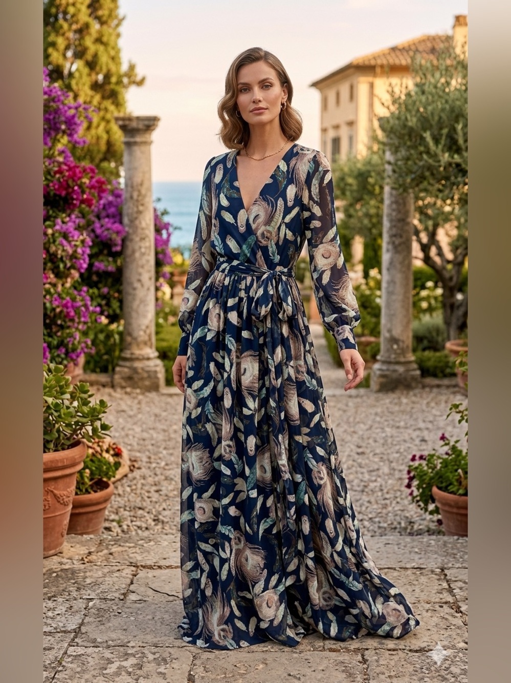 Fashion Nova Navy Floral Feather-Print Wrap Maxi Dress/E113